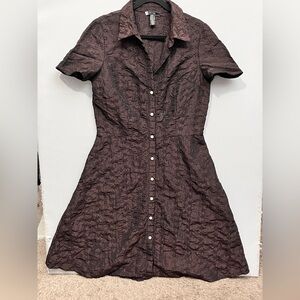 JS Boutique Chocolate Brown Vintage Metallic Eyelet Button-Up Pearl Dress 12